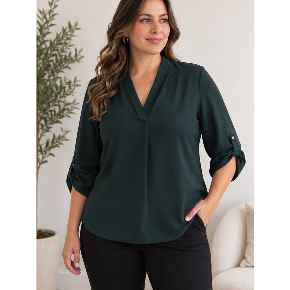 Calvin Klein Forest Green V-Neck Roll-Tab Blouse